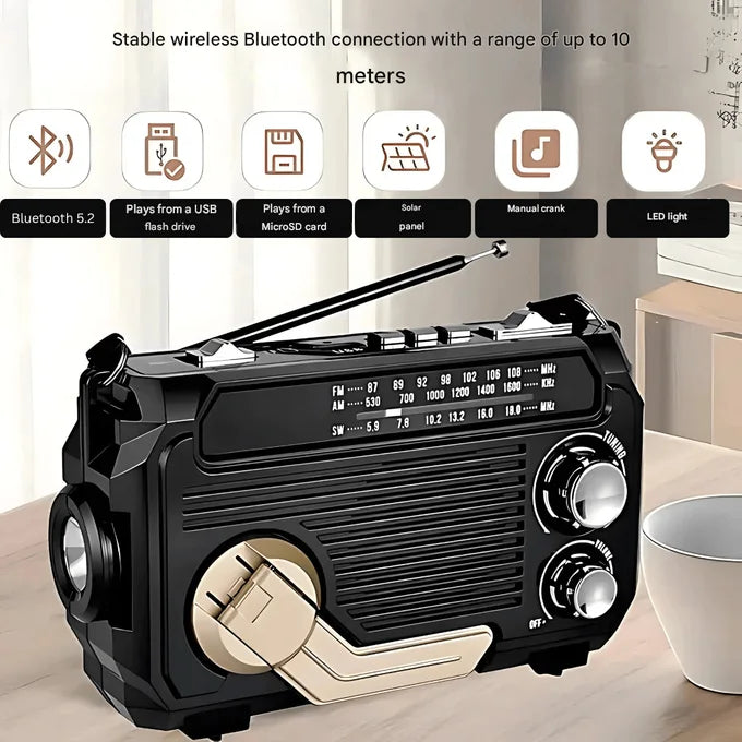 راديو ذكي متعدد الوظائف – بلوتوث، طاقة شمسية وشحن يدوي