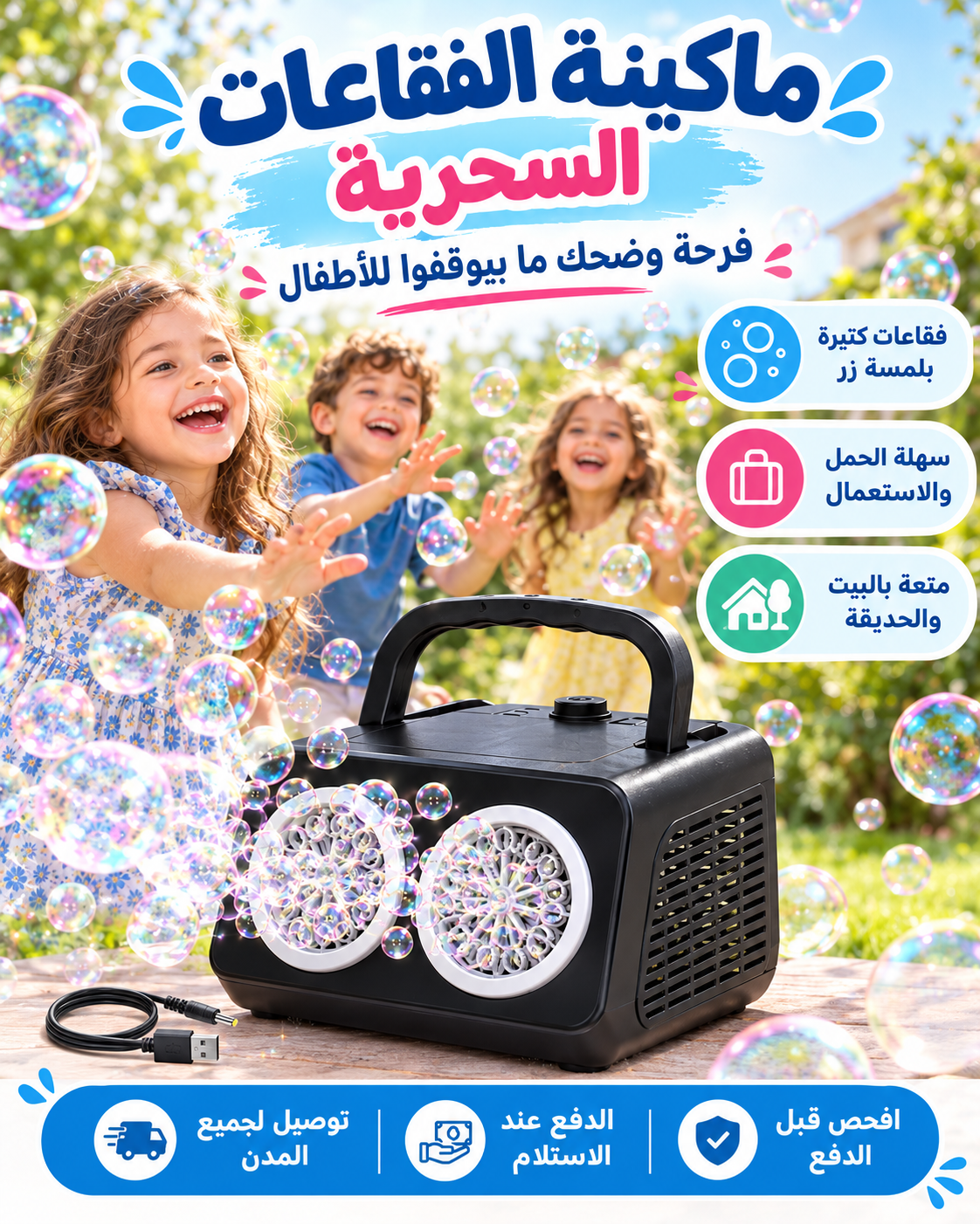 ماكينة فقاعات مزدوجة للحديقة والبيت – آلاف الفقاعات بلمسة زر – فرحة ما بتخلص للأطفال